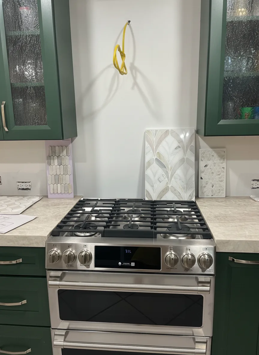 The same honey oak kitchen with cabinets repainted deep forest green with brushed brass hardware