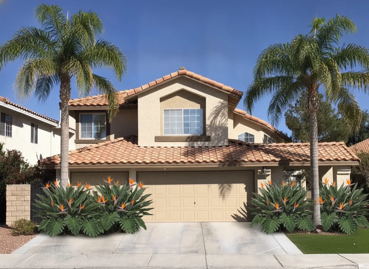 The same stucco home with queen palms flanking the entry and bird of paradise mass planted along the driveway