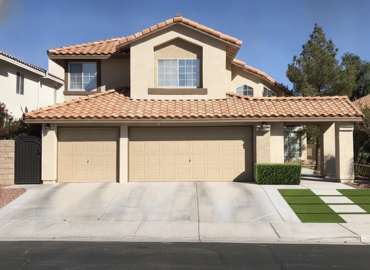 The same stucco home with artificial turf panels, concrete stepping pavers and a clipped boxwood hedge along the garage wall