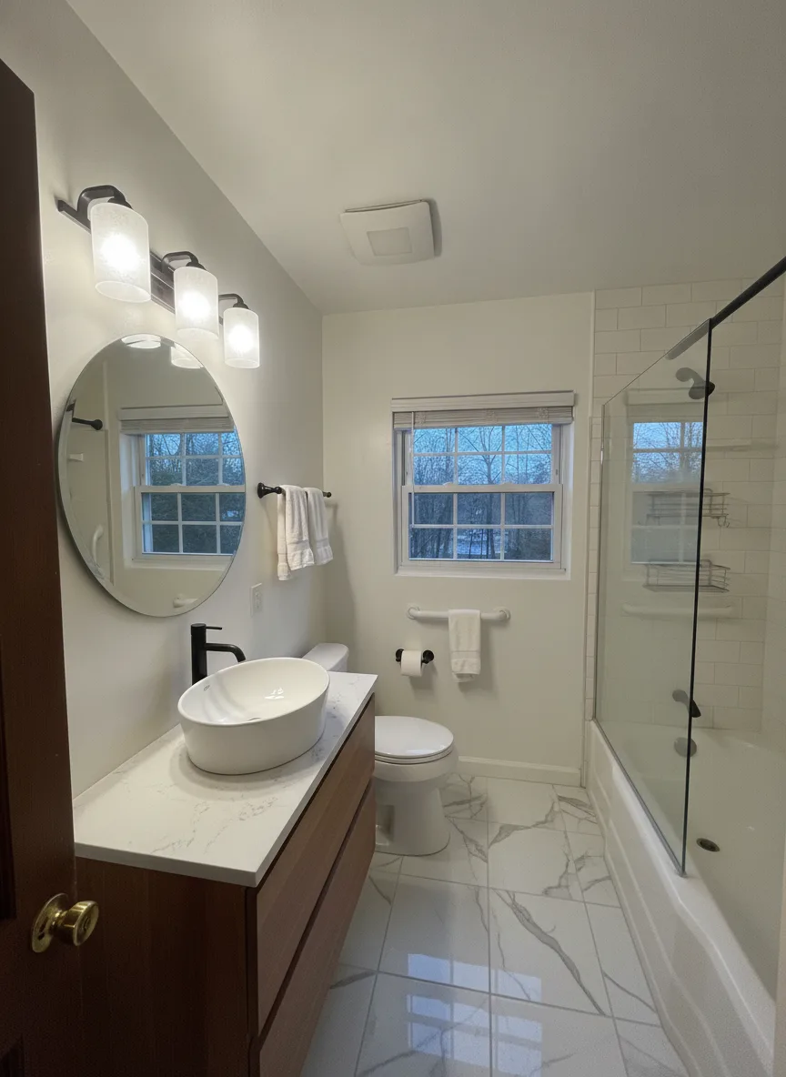 The same bathroom fully remodelled with a floating walnut vanity, vessel sink, marble-look floor tile and a frameless glass shower screen