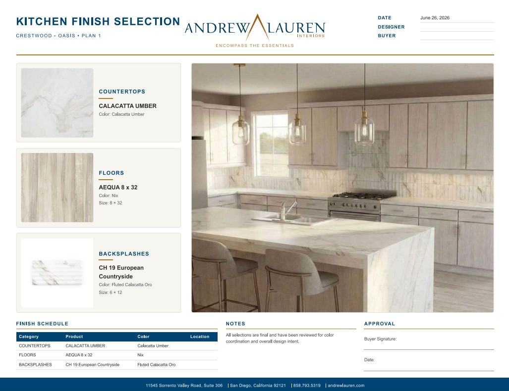 Andrew Lauren Interiors kitchen finish-selection sheet generated from a Renovate AI render: real product selections, a finish schedule, and a buyer approval line