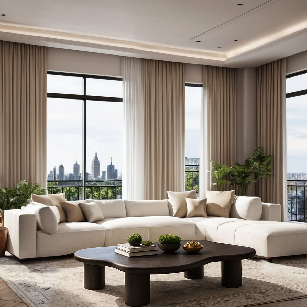 Fully staged room with rug, sofa and coffee table