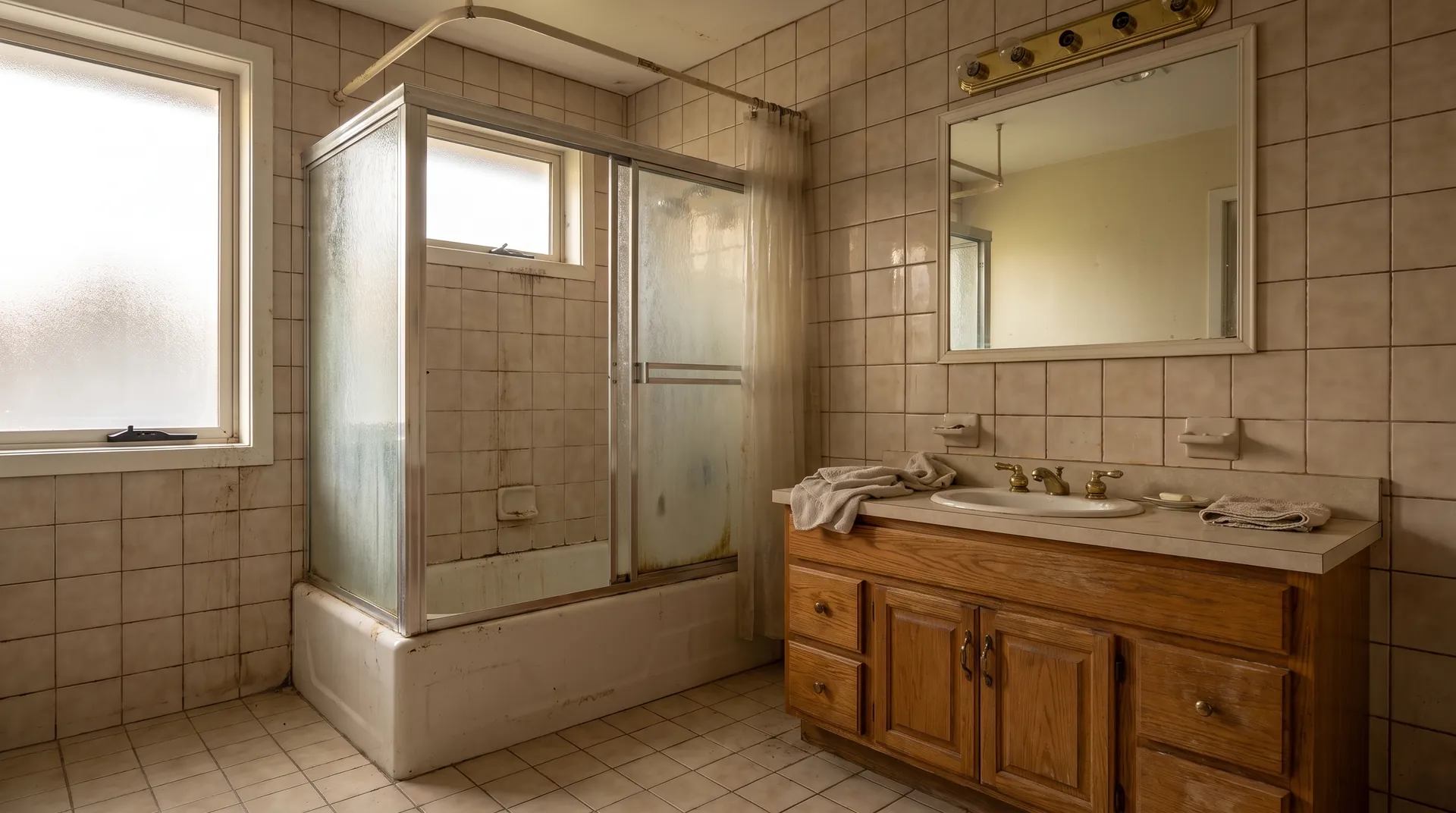 A dated bathroom with beige square wall and floor tile, an oak vanity, a brass strip light and a stained tub with sliding shower doors