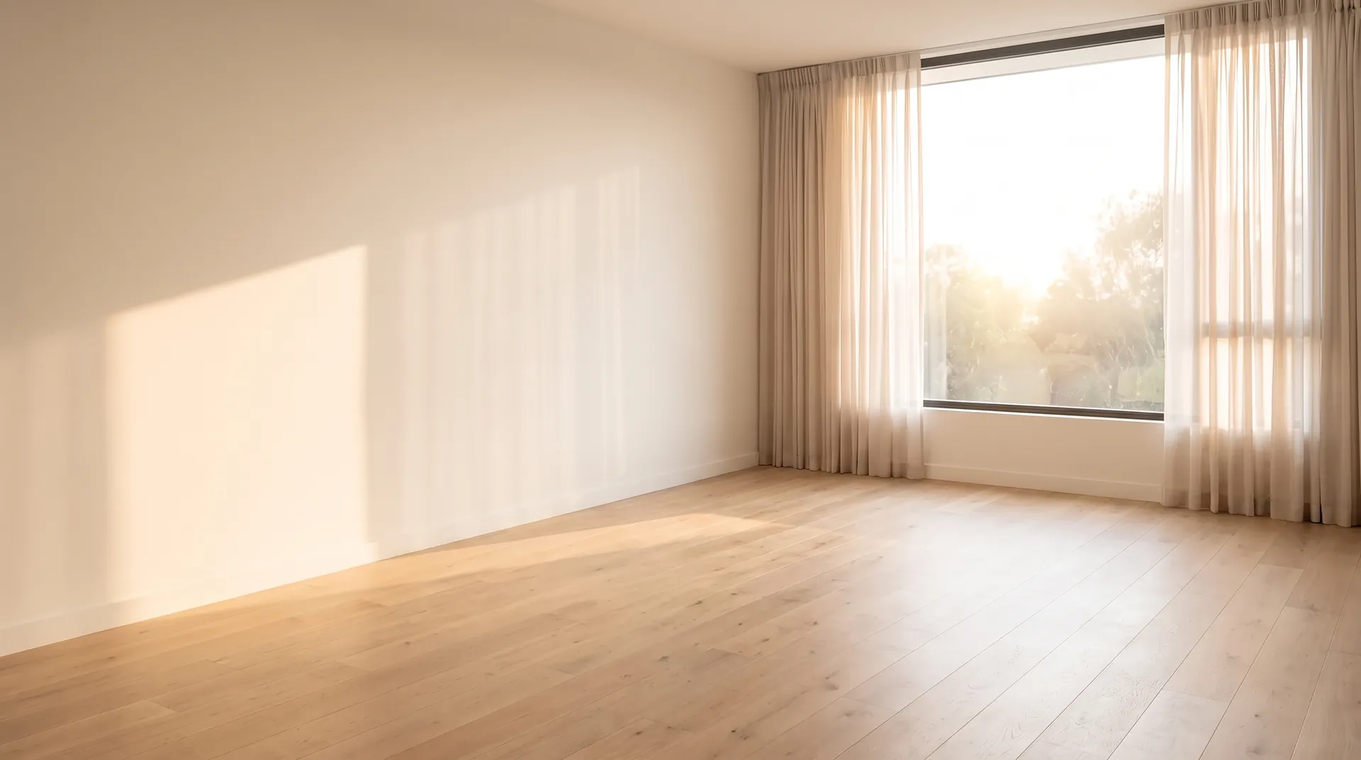 An empty spare room with wood flooring, a large window and one blank wall — the photo every render on this row started from