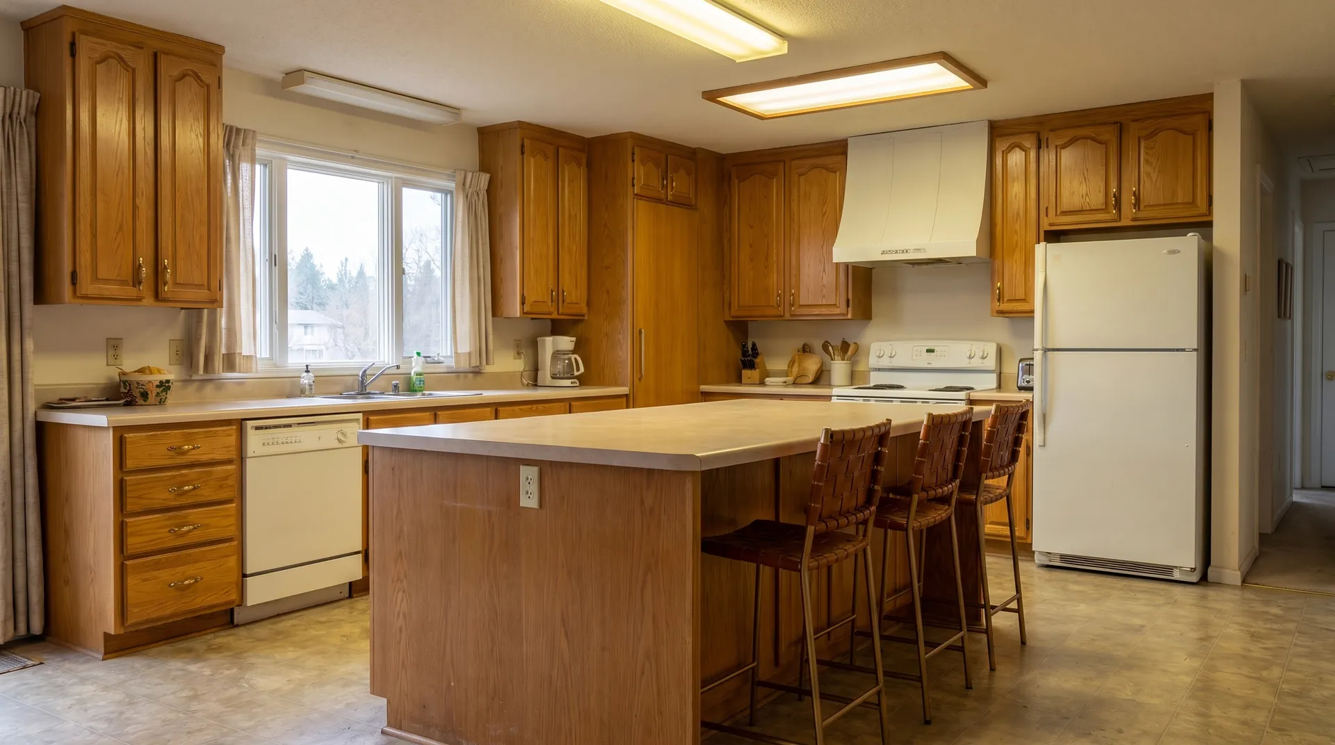 A dated kitchen with honey oak arched-panel cabinets, beige laminate countertops, a white fridge and range, two fluorescent ceiling panels and a large oak island