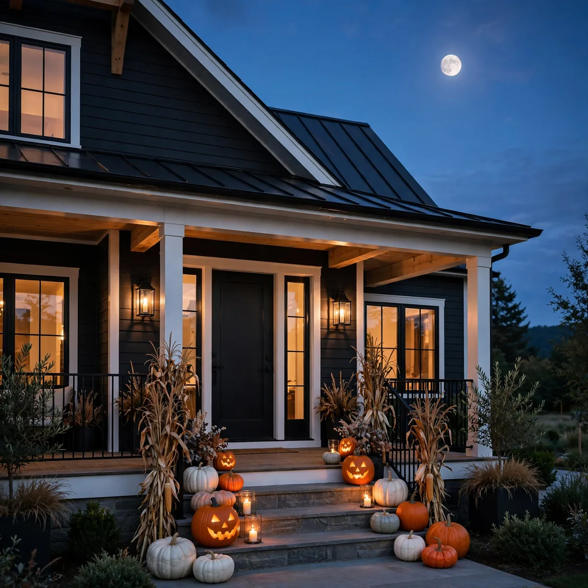 A dark farmhouse porch at night with glowing jack-o'-lanterns, white pumpkins and cornstalks